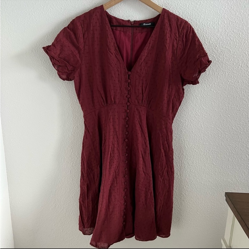 Madewell Button Front Swing Dress Swiss Dot Maroon Medium